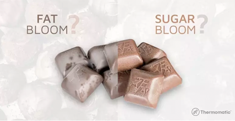 Chocolate bonbons with whitish spots due to fat bloom and sugar bloom